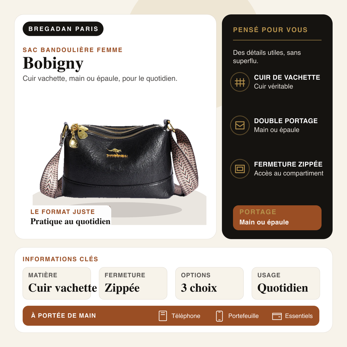 Bobigny — infographie Bregadan V3 : cuir vachette, main ou épaule