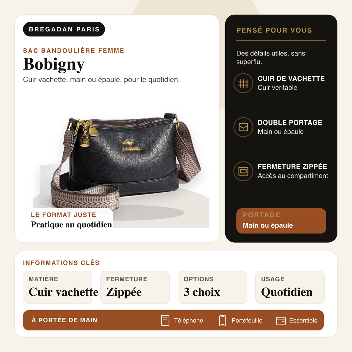 Bobigny — infographie Bregadan V3 : cuir vachette, main ou épaule