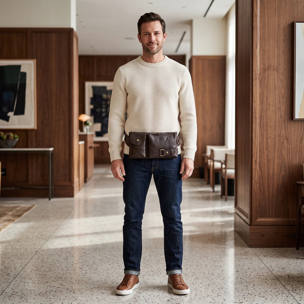 Bondy - sac banane café porté par un homme à l'hôtel