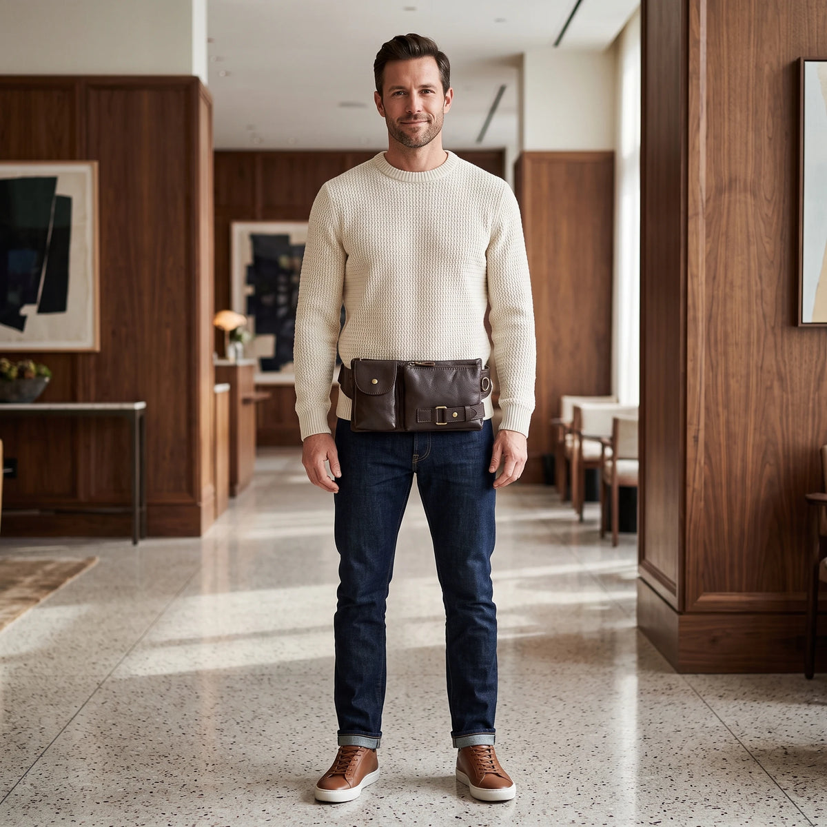 Bondy - sac banane café porté par un homme à l'hôtel