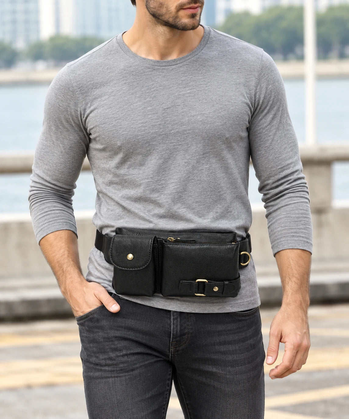 Bondy — sac banane noir porté à la taille