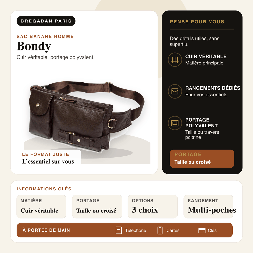 Bondy — infographie Bregadan V3 : sac banane en cuir véritable, portage taille ou croisé et rangements essentiels.