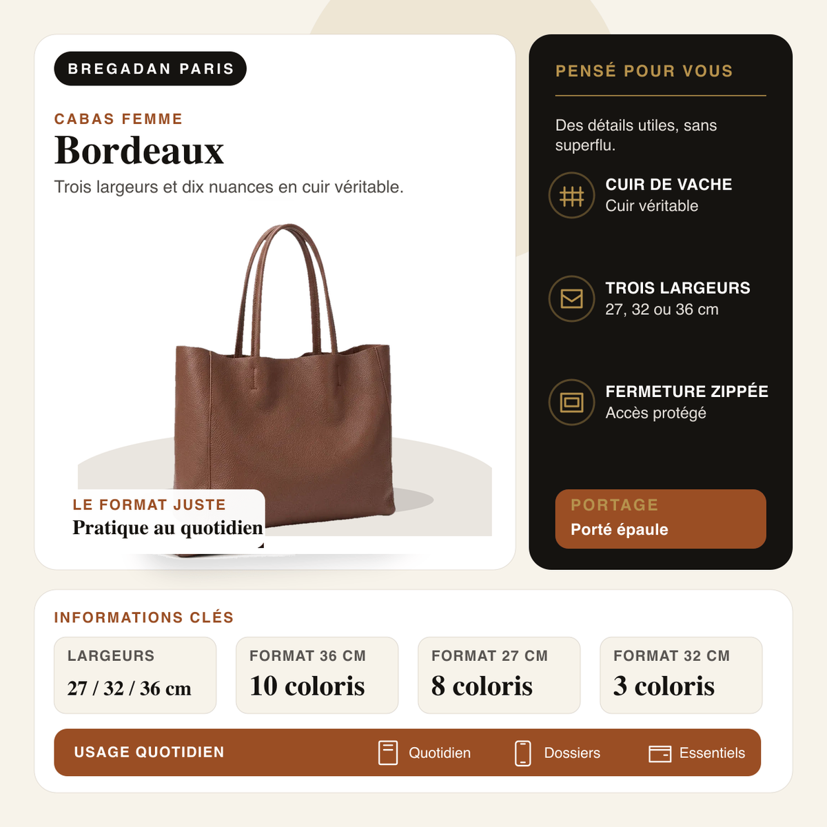 Bordeaux — infographie Bregadan V3 : Trois largeurs et dix nuances en cuir véritable