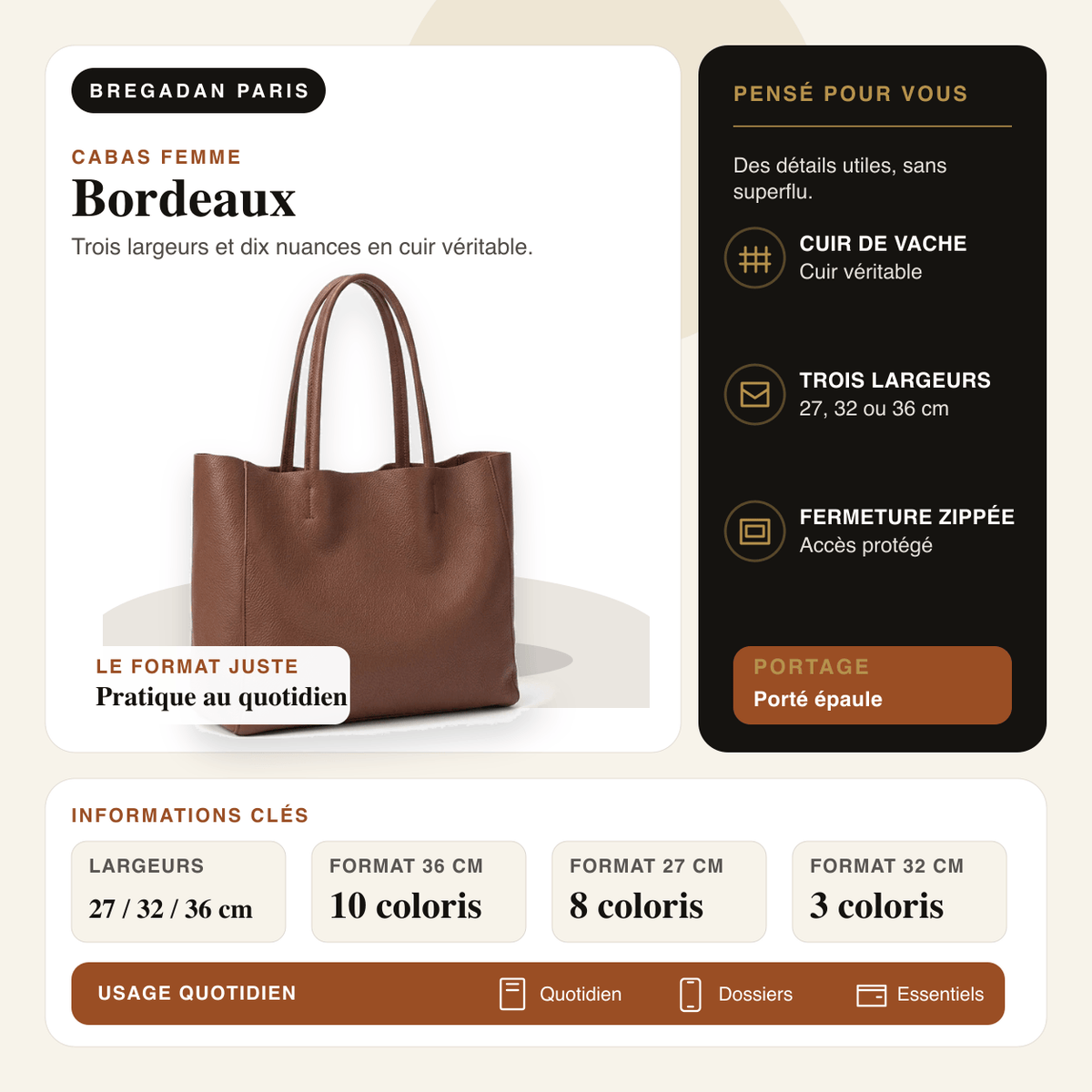Bordeaux — infographie Bregadan V3 : Trois largeurs et dix nuances en cuir véritable