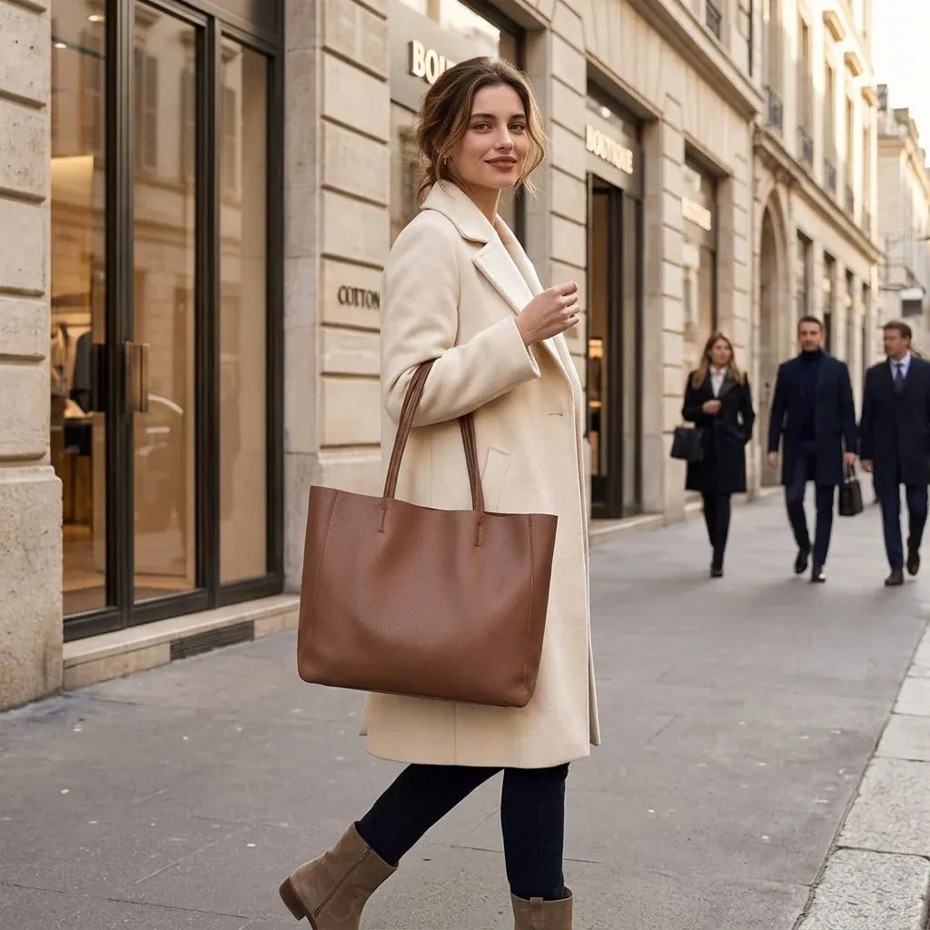 Bordeaux - Cabas en cuir véritable, ligne luxe - mise en situation, coloris marron