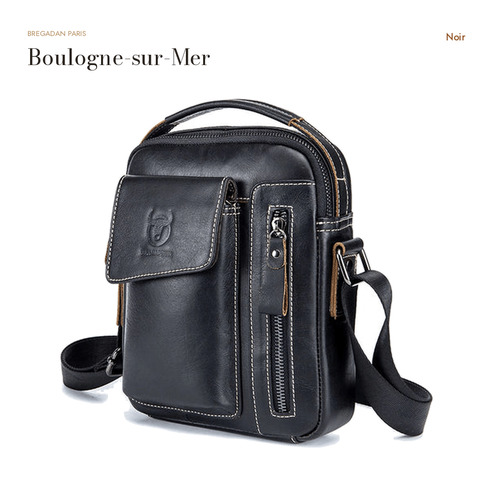 Boulogne-sur-Mer, sacoche messager en cuir véritable, format affaires — Noir