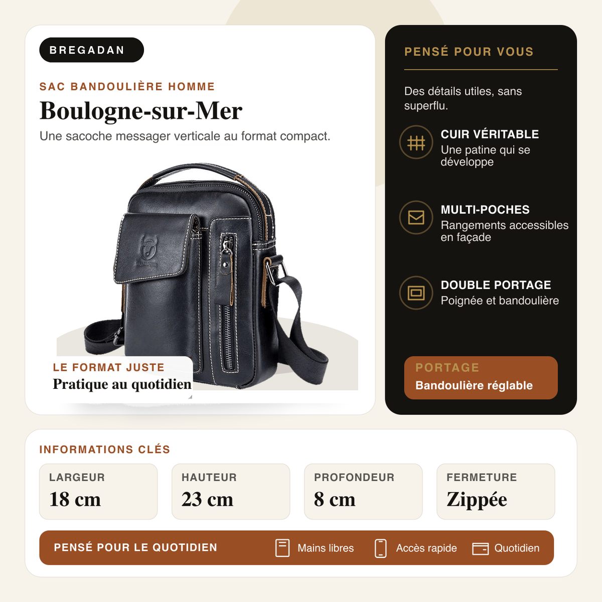 Boulogne-sur-Mer — infographie Bregadan V3 : Une sacoche messager verticale au format compact; largeur 18 cm, hauteur