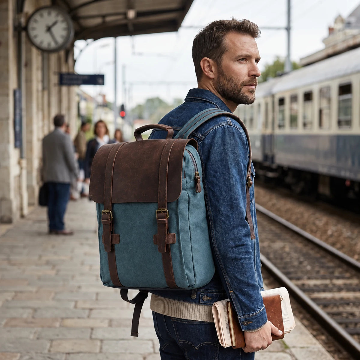 Bourges — sac bleu grand, porté, 42 × 31 × 11 cm