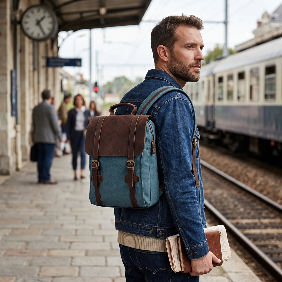 Bourges — sac bleu petit, porté, 34 × 27 × 8 cm