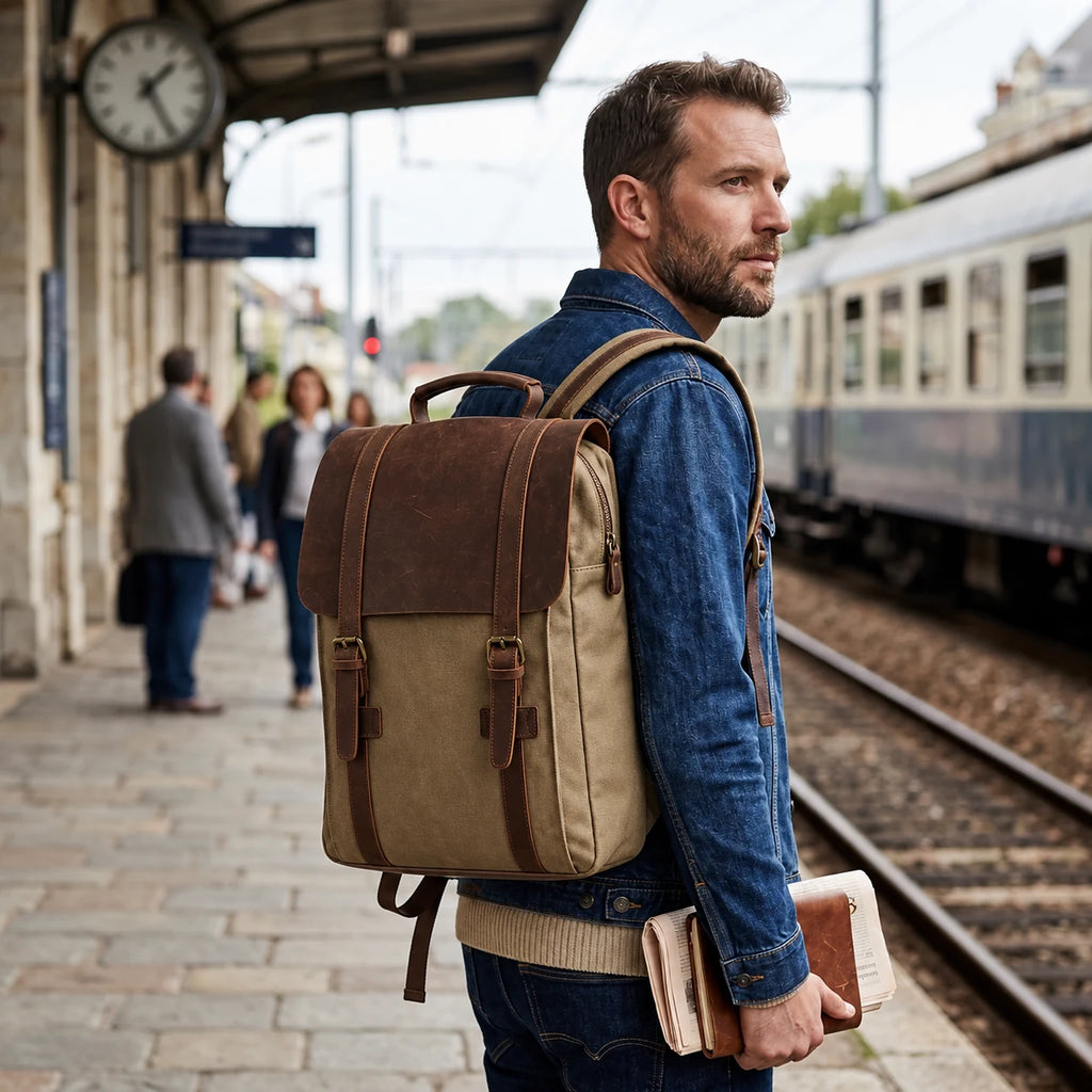 Bourges — sac kaki grand, porté, 42 × 31 × 11 cm