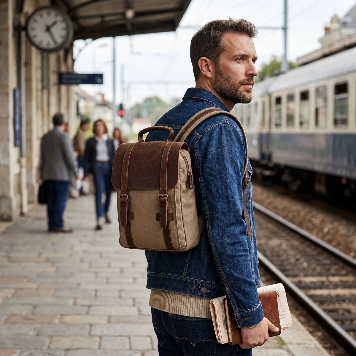 Bourges — sac kaki petit, porté, 34 × 27 × 8 cm