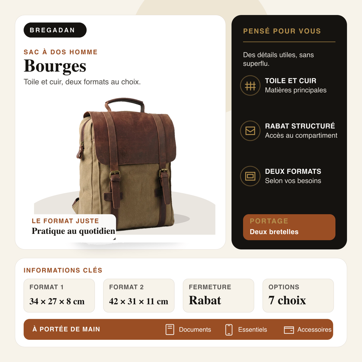 Bourges — infographie Bregadan V3 : sac à dos en toile et cuir, dimensions 34 × 27 × 8 cm et 42 × 31 × 11 cm.