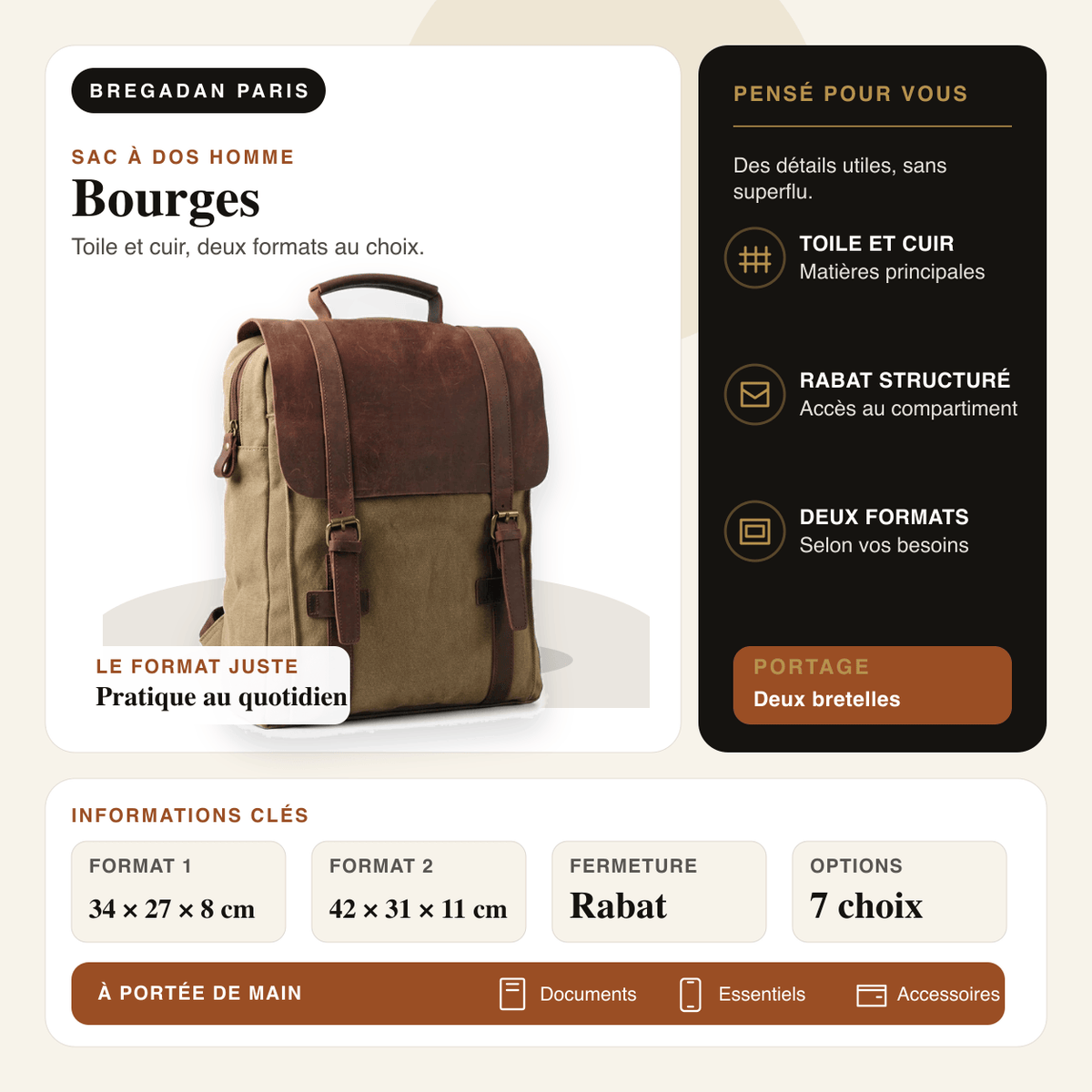 Bourges — infographie Bregadan V3 : sac à dos en toile et cuir, dimensions 34 × 27 × 8 cm et 42 × 31 × 11 cm.