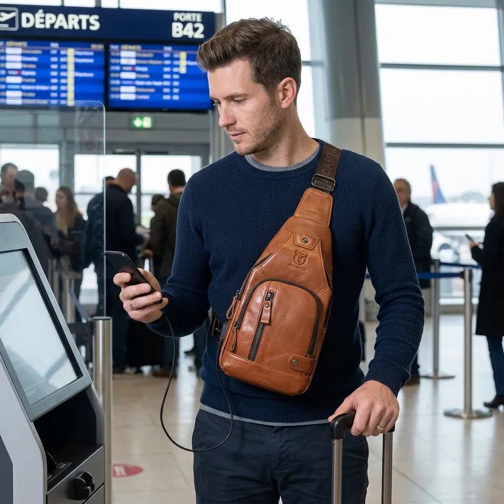 Alfortville - Sac de poitrine en cuir véritable, port USB - mise en situation, coloris brun cognac