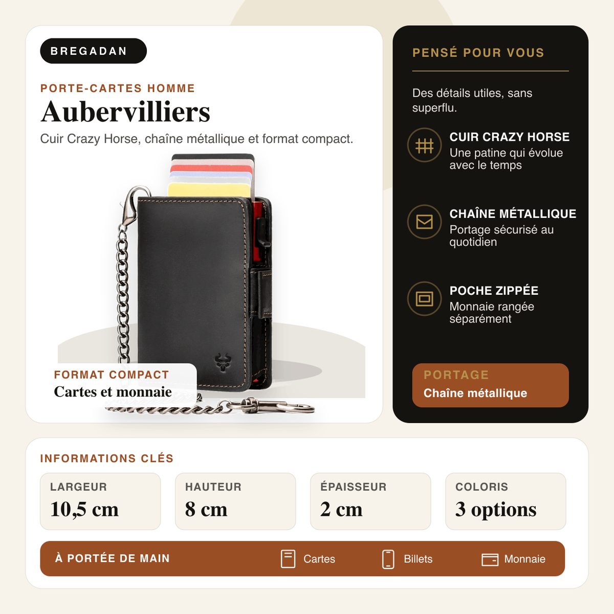Aubervilliers — infographie Bregadan V3 : cuir Crazy Horse, chaîne, poche zippée et dimensions 10,5 × 8 × 2 cm