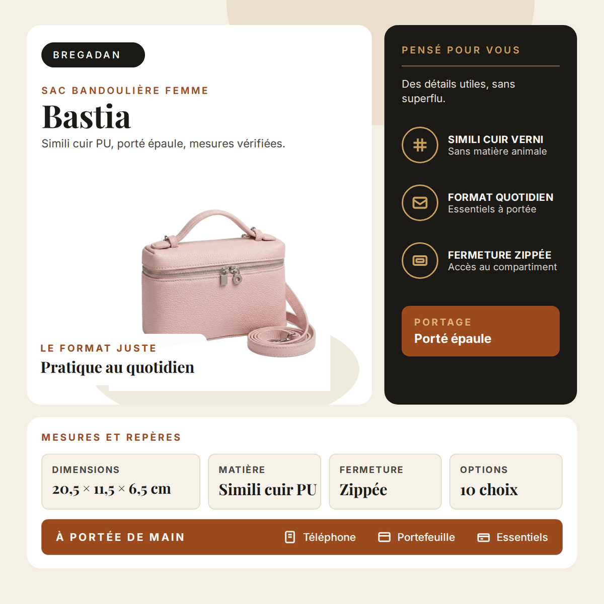 Bastia — infographie Bregadan V3 : simili cuir PU, porté épaule, dimensions 20,5 × 11,5 × 6,5 cm
