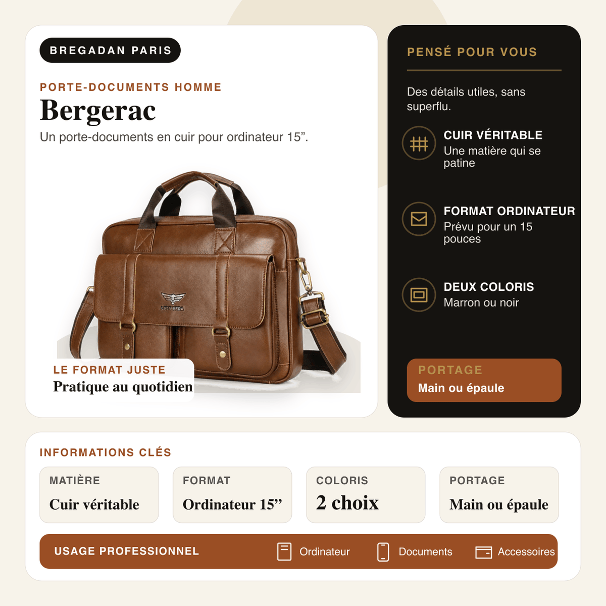 Bergerac — infographie Bregadan V3 : un porte-documents en cuir pour ordinateur 15”, matière Cuir véritable, format