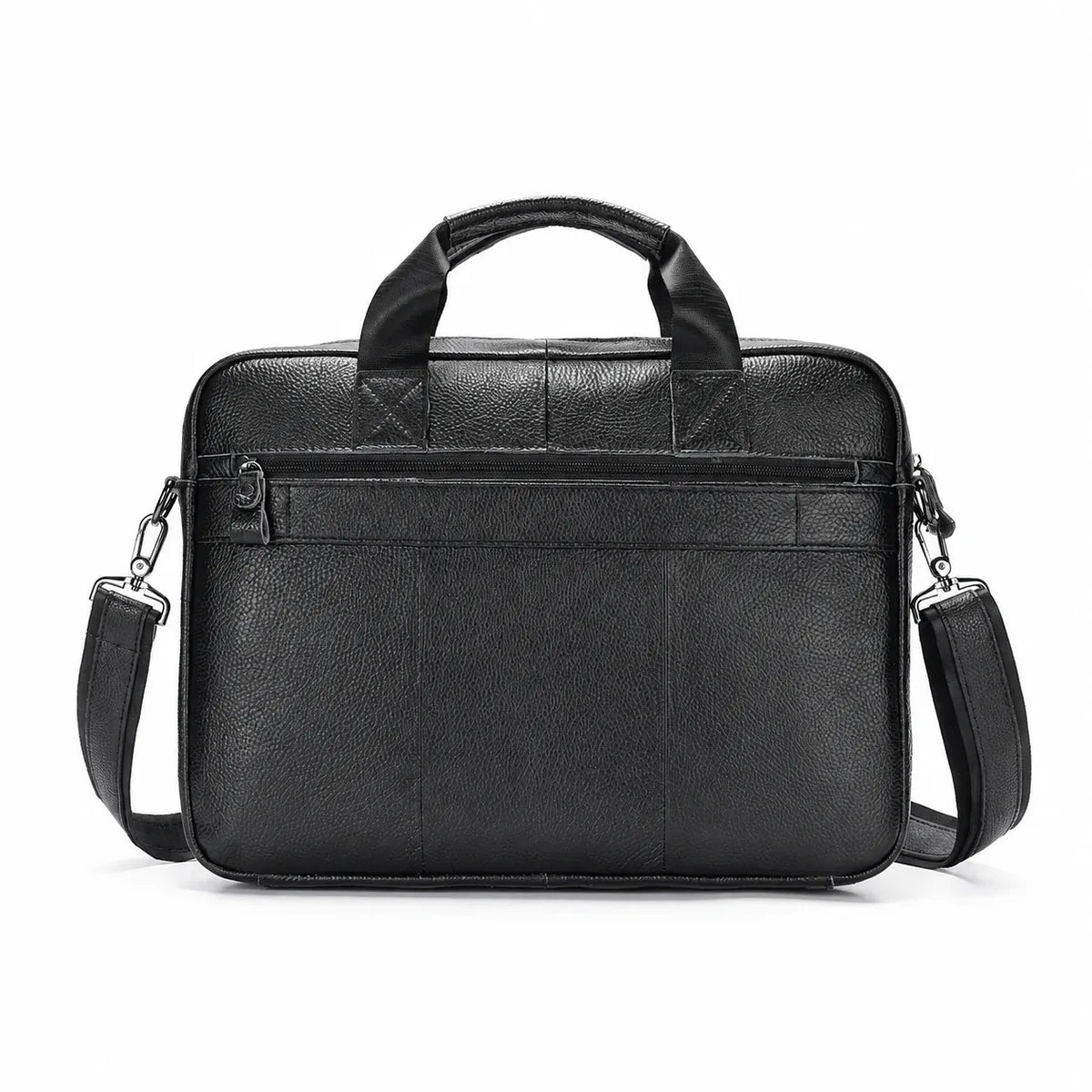 Porte-documents homme noir en cuir, vue arrière sur fond blanc