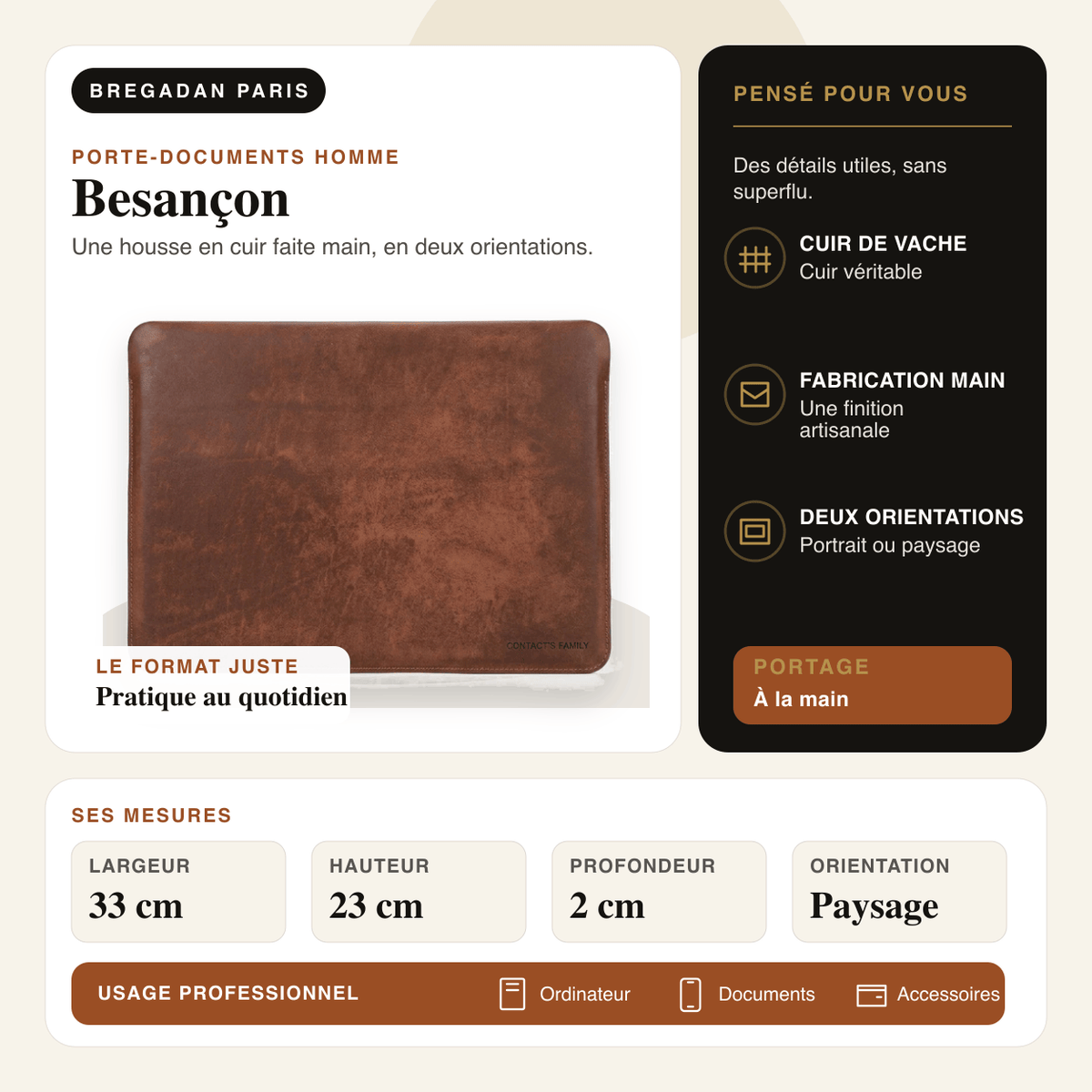 Besançon — infographie Bregadan V3 : une housse en cuir faite main, en deux orientations, largeur 33 cm, hauteur 23