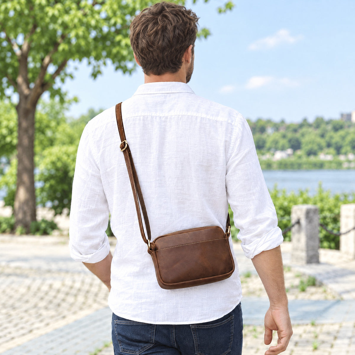Bron, sacoche rectangulaire zippée en cuir portée en bandoulière par un homme, vue de dos