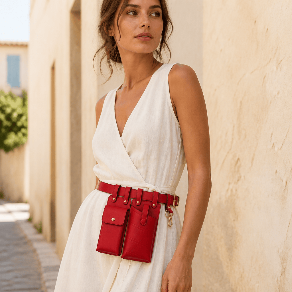Cagnes-sur-Mer — sac banane rouge porté à la taille sur une robe en lin, mise en situation