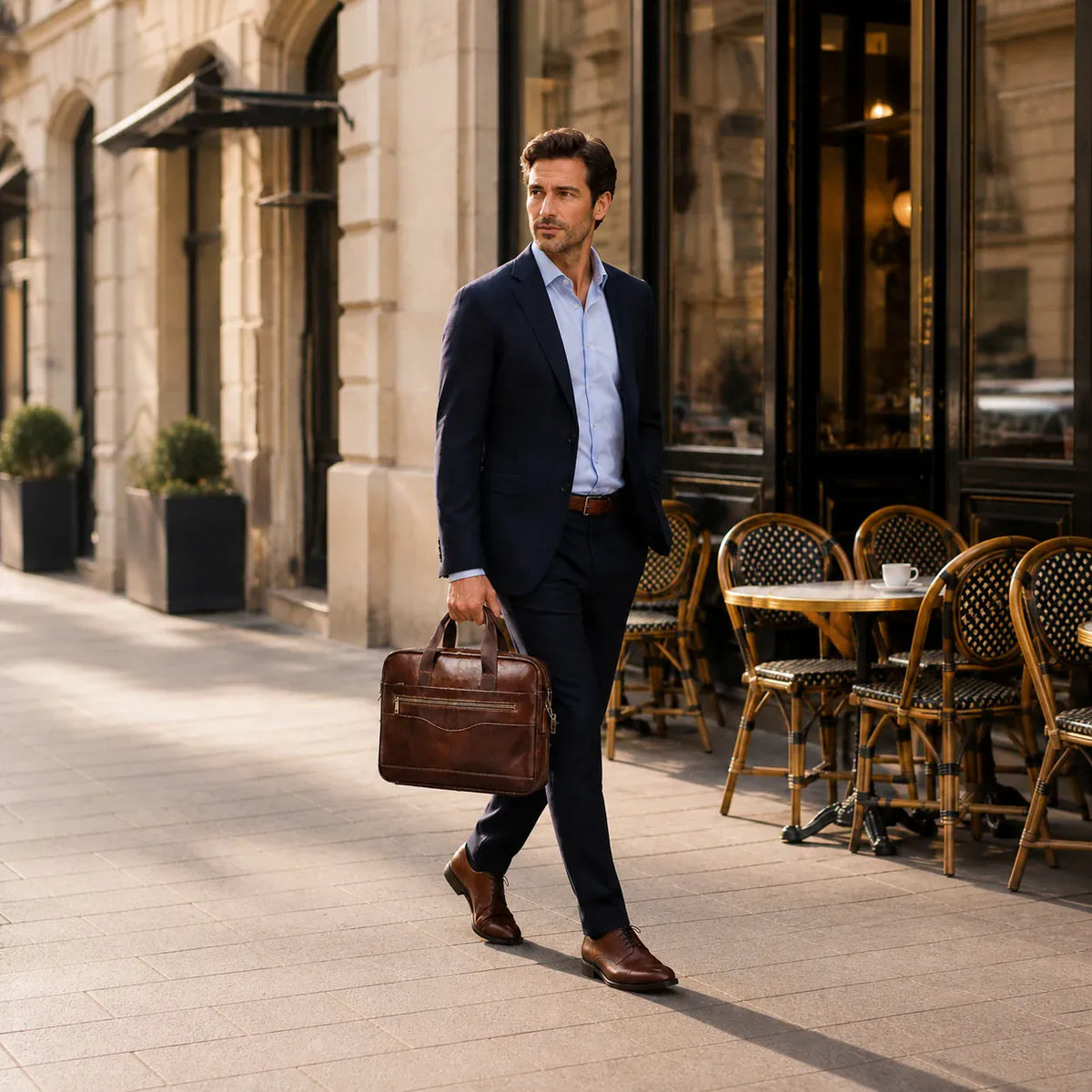 Porte-documents Cahors brun porté à la main par un consultant devant un café parisien