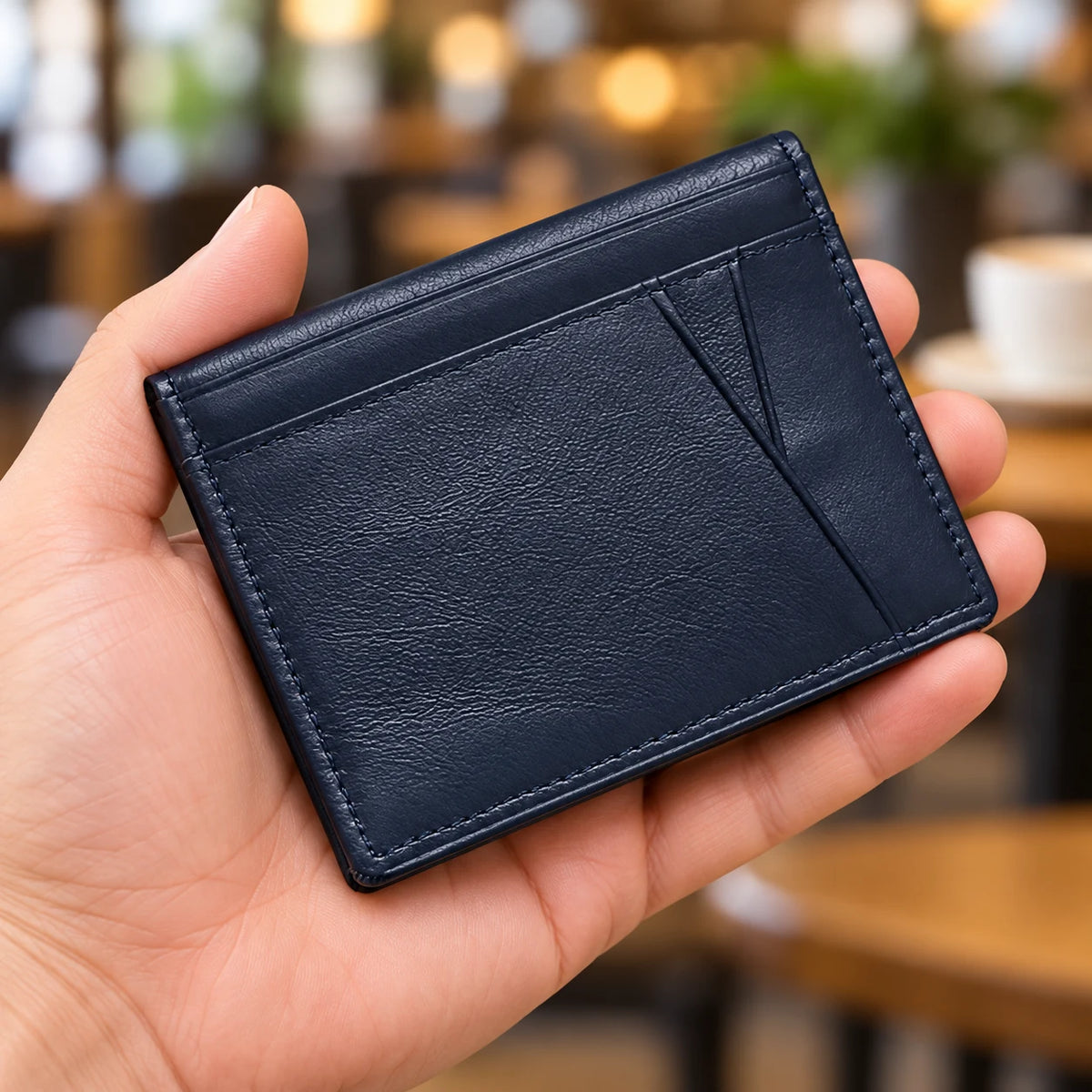 Calais — portefeuille bleu tenu en main