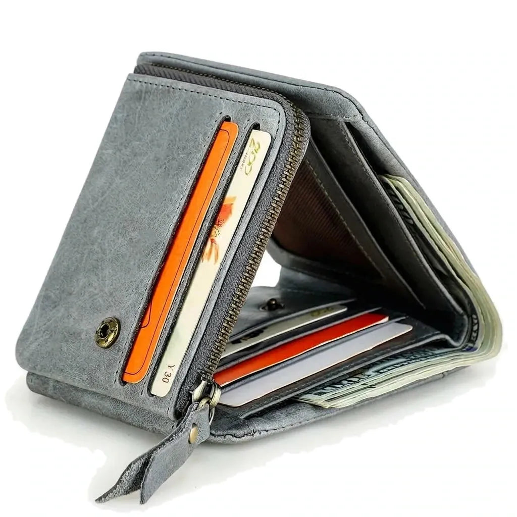 Cannes - Portefeuille en cuir Crazy Horse, trois volets - packshot sur fond blanc, coloris gris