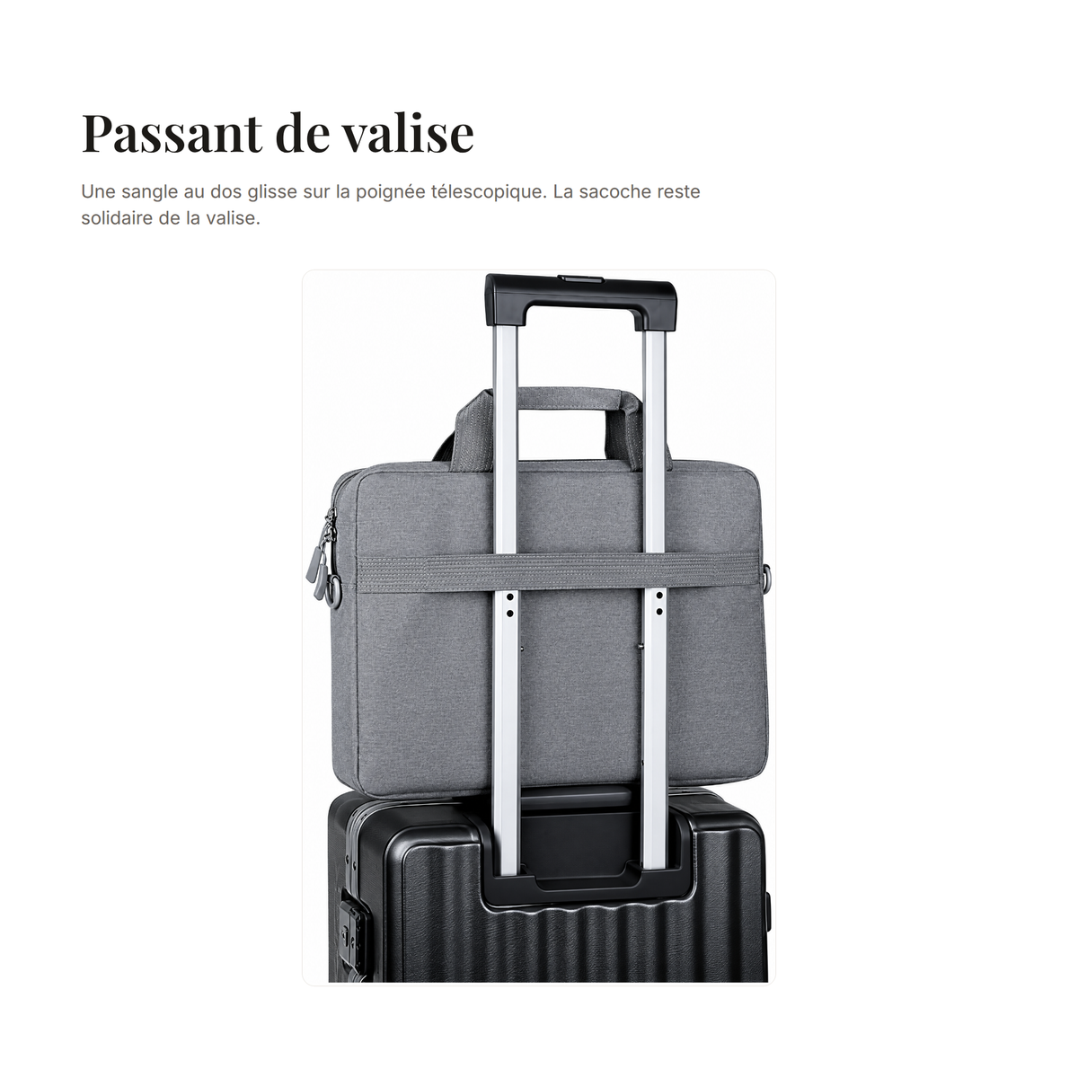 Chartres, sacoche ordinateur simili cuir — passant arrière glissé sur la poignée télescopique d'une valise