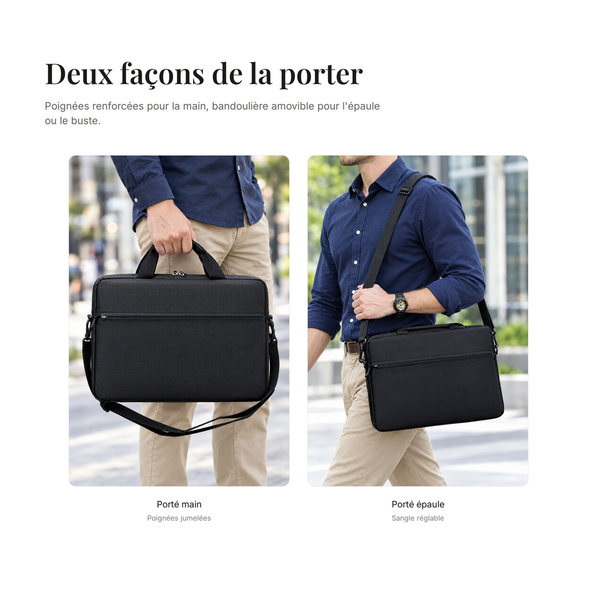 Chartres, sacoche ordinateur simili cuir — portée à la main ou à l'épaule grâce à la bandoulière amovible