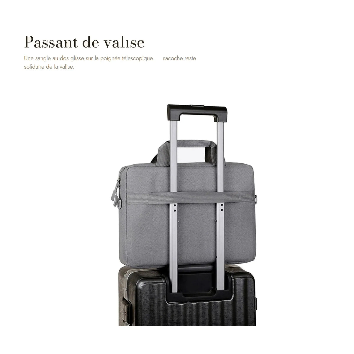 Chartres, sacoche ordinateur simili cuir — passant arrière glissé sur la poignée télescopique d'une valise