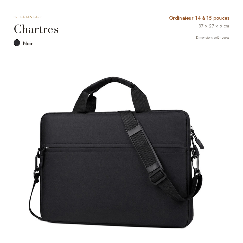 Chartres, sacoche ordinateur simili cuir, coloris noir, format 14 à 15 pouces, 37 × 27 × 6 cm