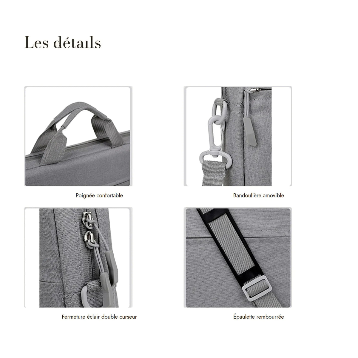 Chartres, sacoche ordinateur simili cuir — poignée, bandoulière amovible, fermeture éclair double curseur et épaulette