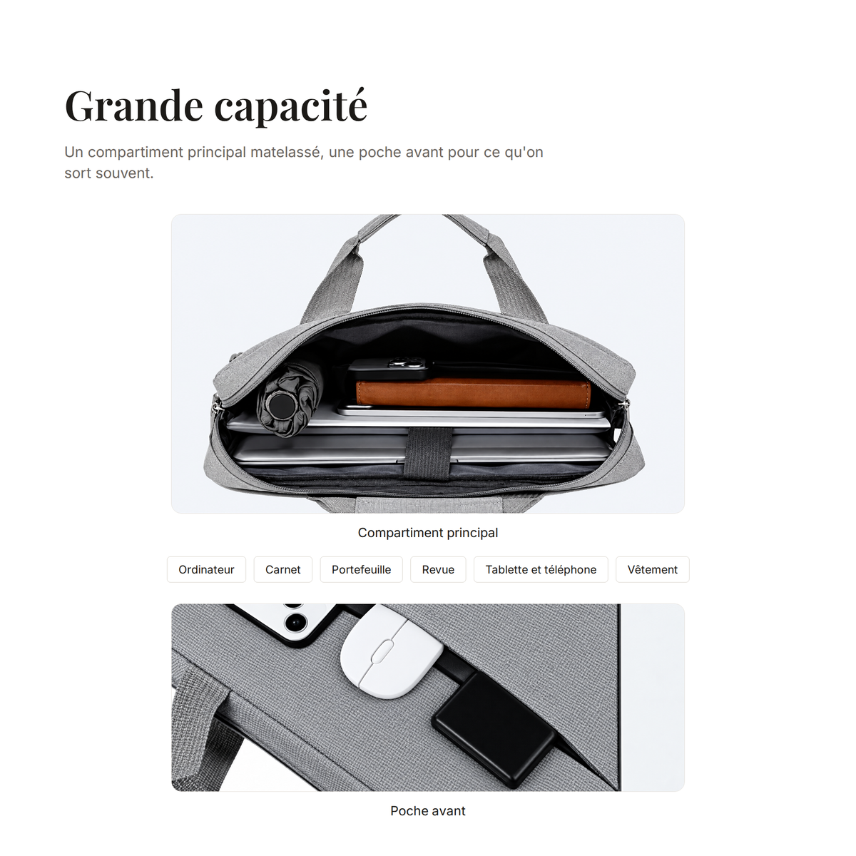 Chartres, sacoche ordinateur simili cuir — compartiment principal ouvert et poche avant, ordinateur, carnet et portefeuille