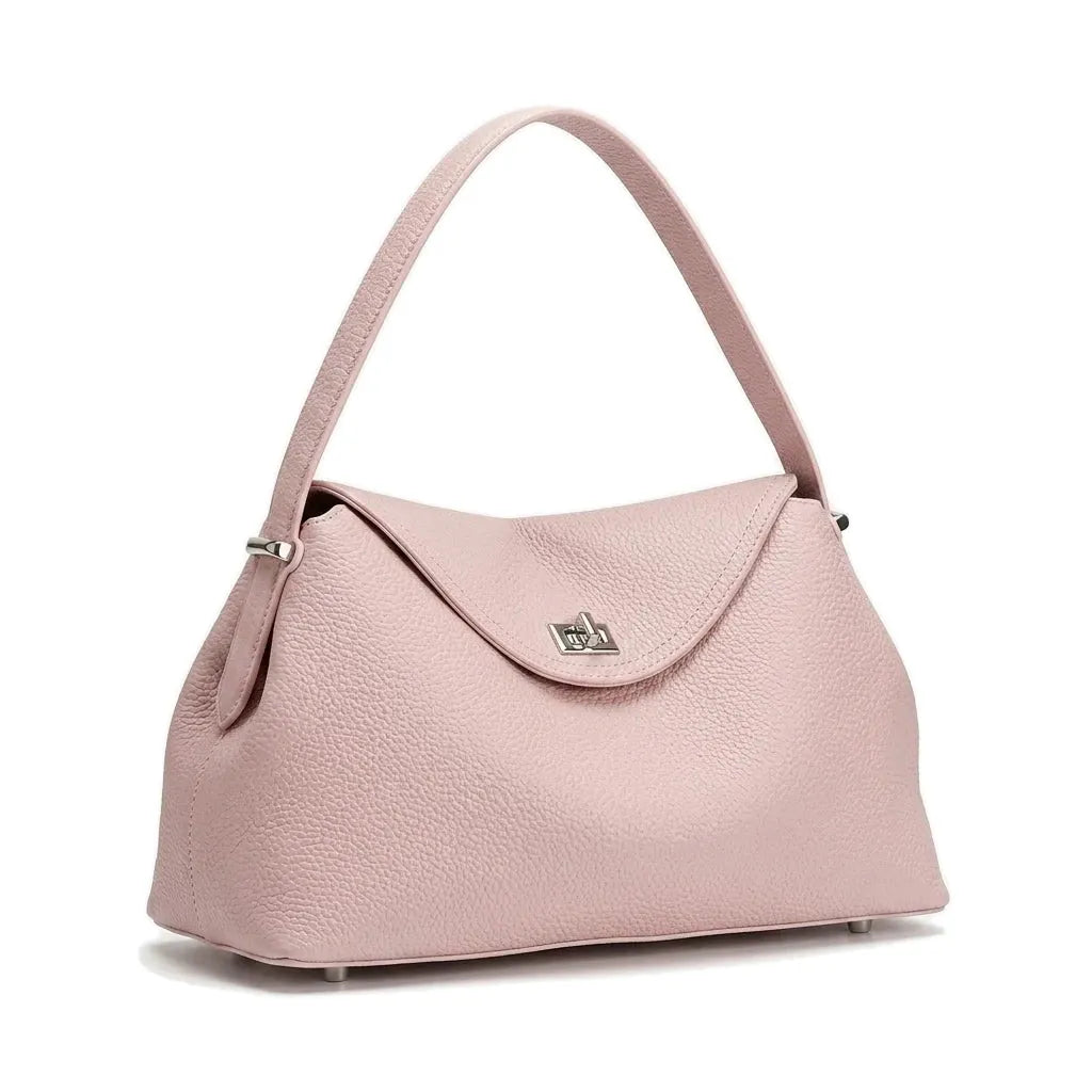 Chelles - Sac à main rétro en cuir véritable, ligne luxe - packshot sur fond blanc, coloris rose poudré