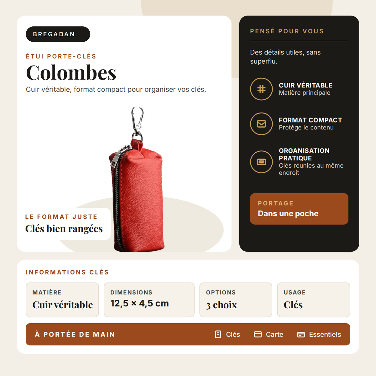 Colombes — infographie Bregadan V3 : cuir véritable, format compact 12,5 × 4,5 cm pour organiser vos clés, matière Cuir véritable