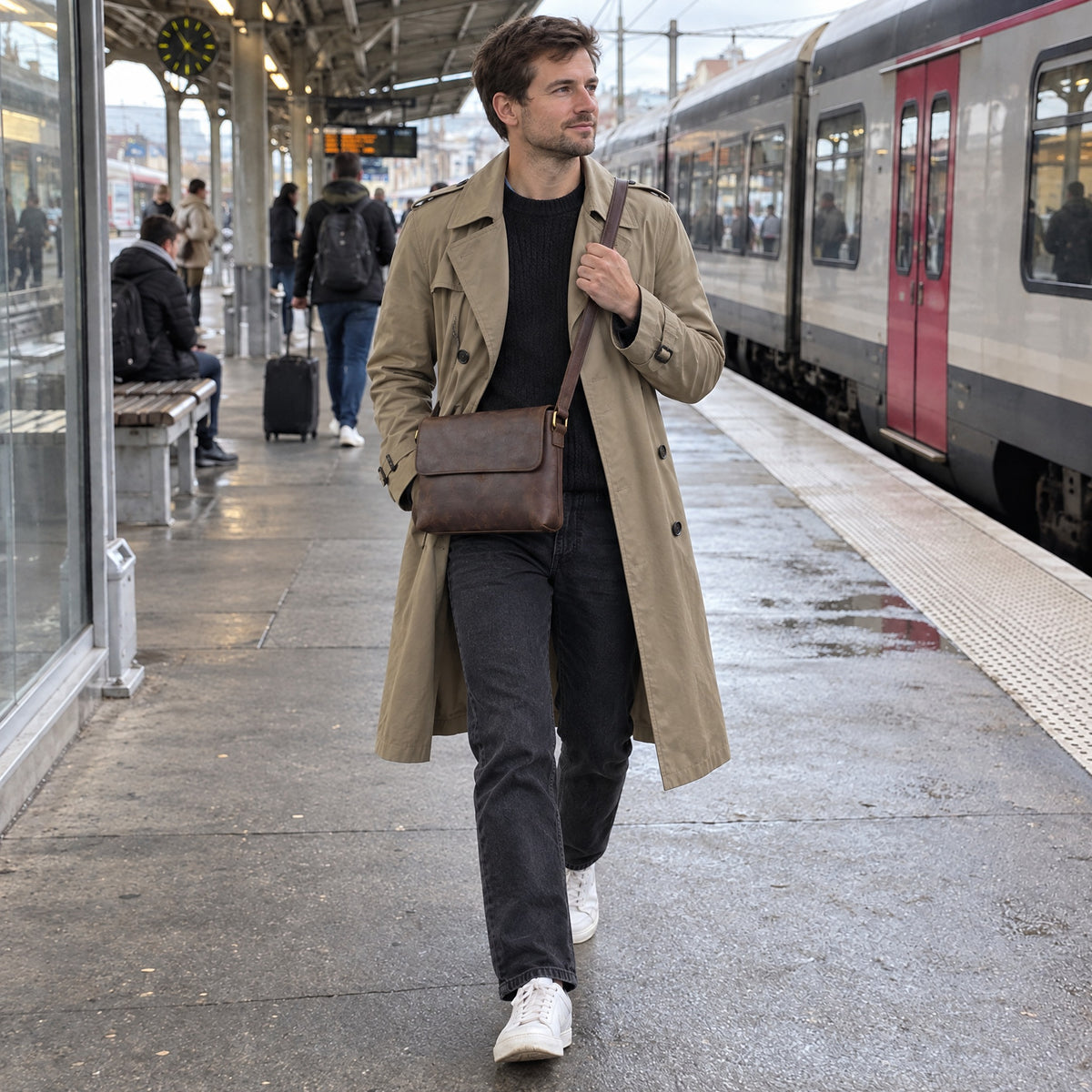 Compiègne, besace en cuir portée en bandoulière par un homme, quai de gare