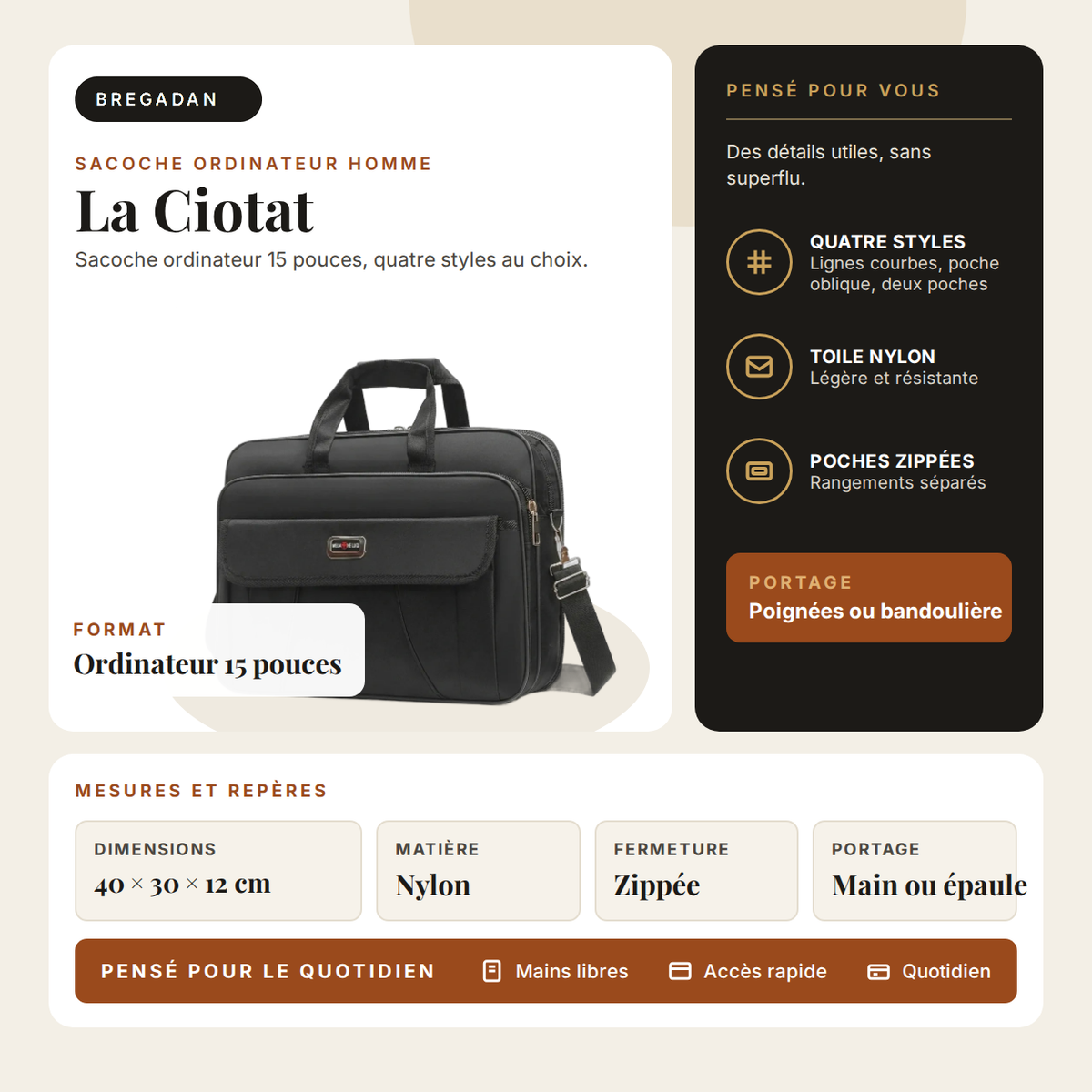 La Ciotat — infographie Bregadan V3 : sacoche ordinateur 15 pouces en nylon, 40 × 30 × 12 cm, quatre styles, fermeture zippée