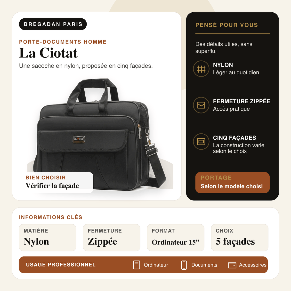 La Ciotat — infographie Bregadan V3 : une sacoche en nylon, proposée en cinq façades, matière Nylon, fermeture Zippée