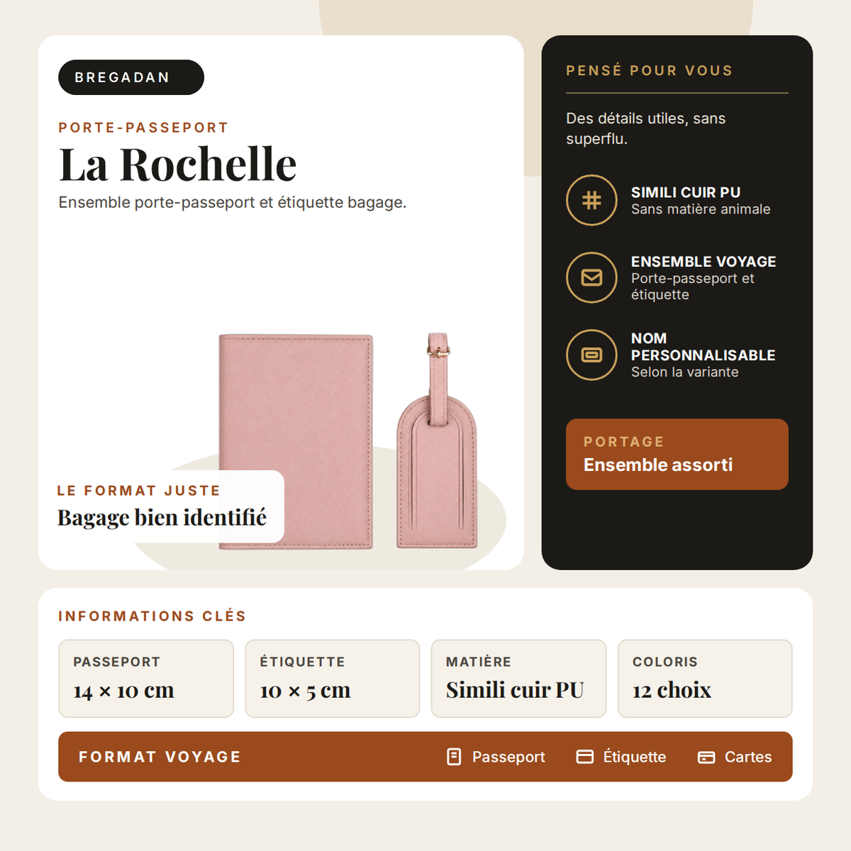 La Rochelle — infographie Bregadan V3 : ensemble porte-passeport 14 × 10 cm et étiquette bagage 10 × 5 cm, matière Simili cuir PU, 12 coloris