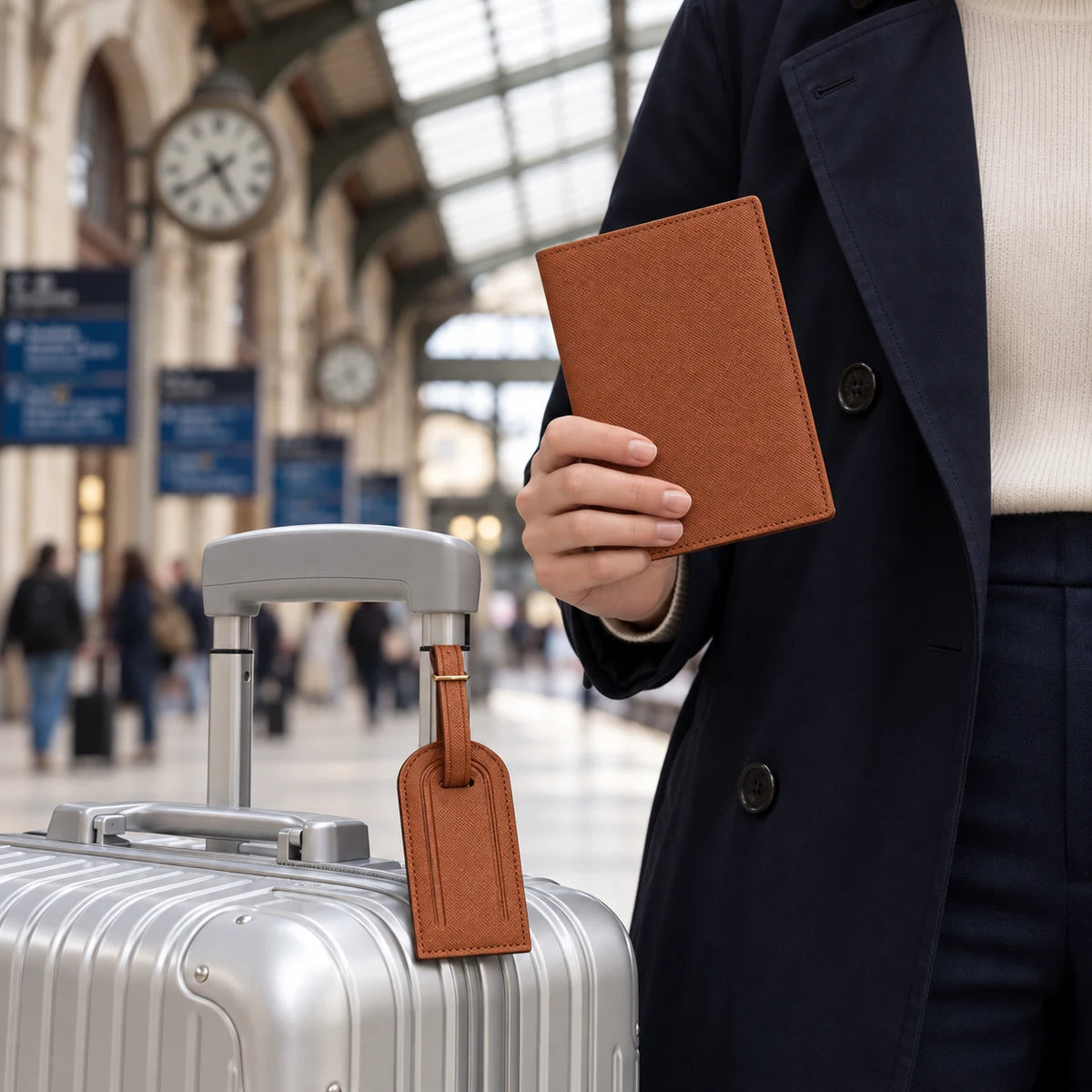 La Rochelle — porte-passeport marron cognac tenu en main et étiquette assortie