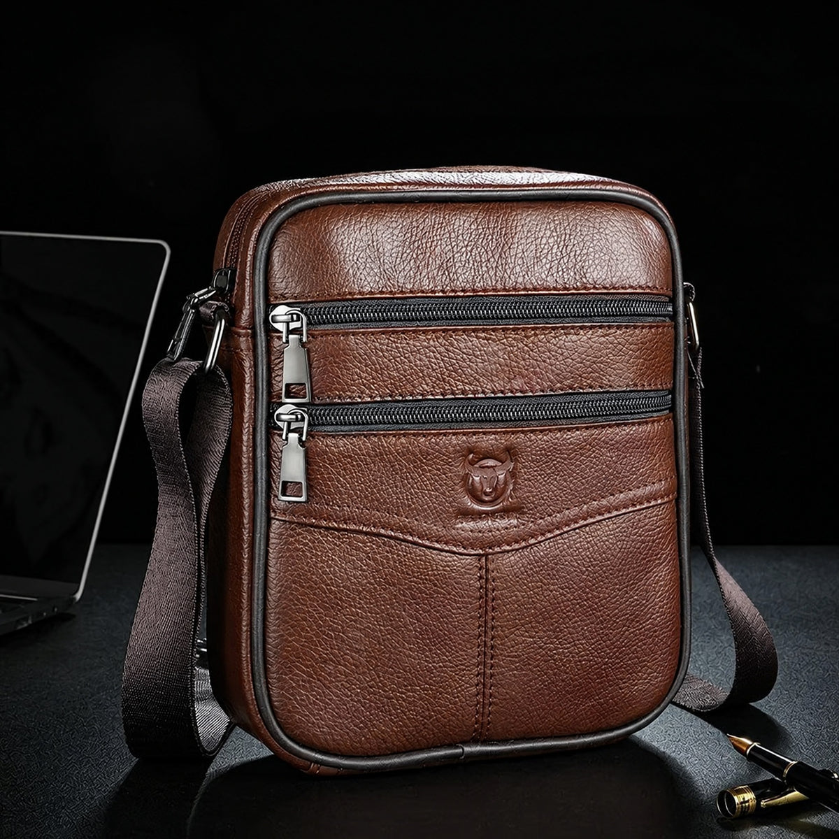 Le Cannet, sacoche bandoulière en cuir véritable, coloris marron