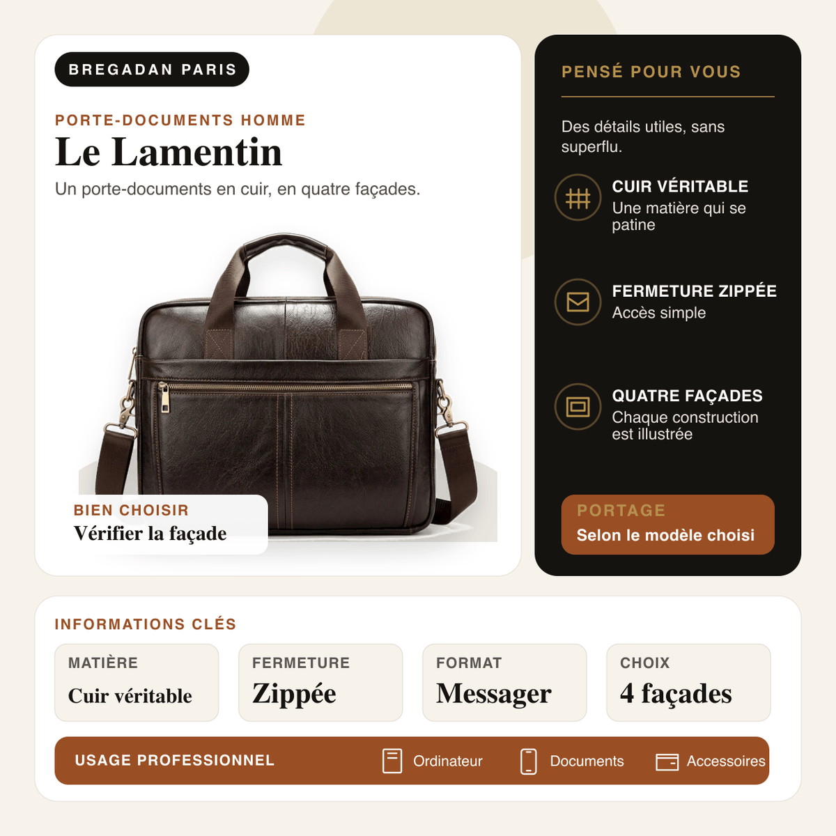 Le Lamentin — infographie Bregadan V3 : un porte-documents en cuir, en quatre façades, matière Cuir véritable