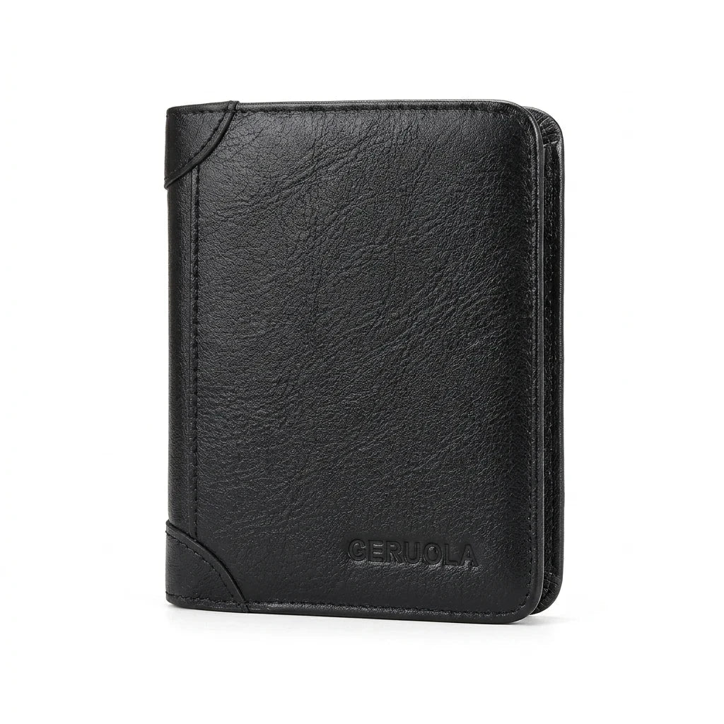 Levallois-Perret - Portefeuille mince en cuir véritable, blindage RFID - packshot sur fond blanc, coloris noir