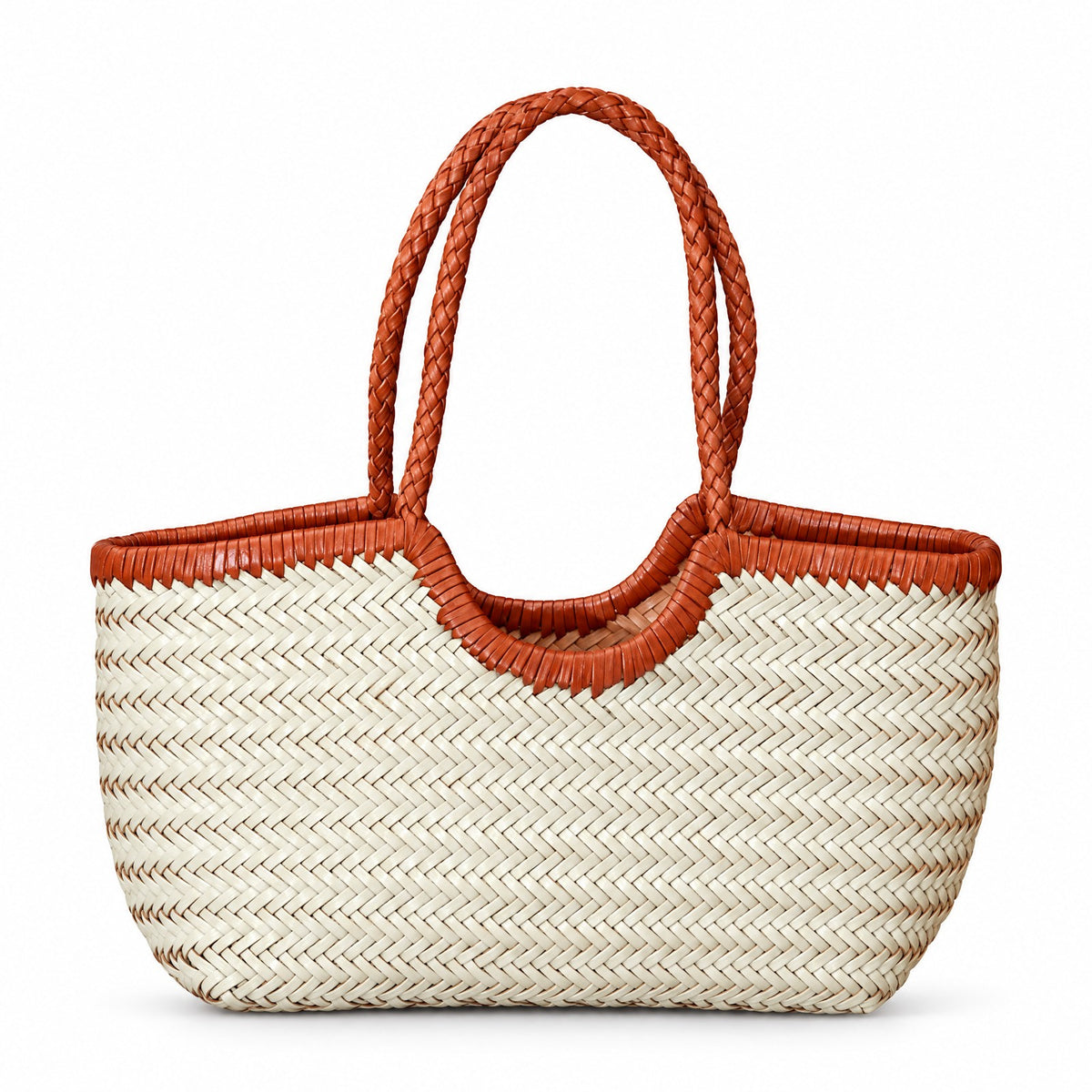 Maisons-Alfort, sac cuir tressé cognac et blanc, bord échancré