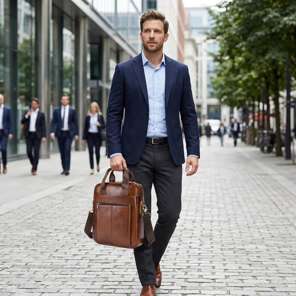 Marcq-en-Barœul - Sacoche messager en cuir véritable, ordinateur 13 pouces - mise en situation, coloris brun cognac