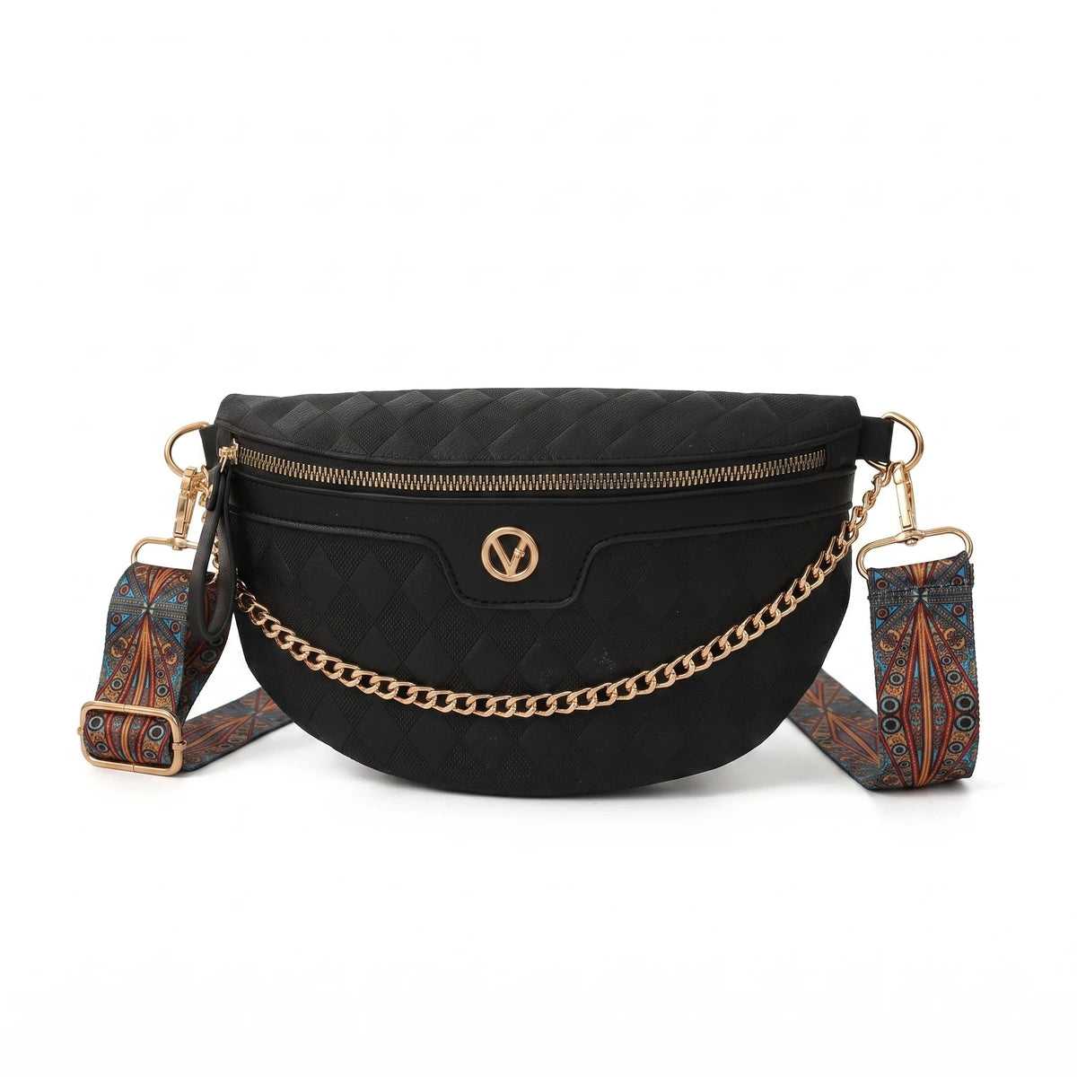 Massy - sac banane noir à sangle large, packshot sur fond blanc