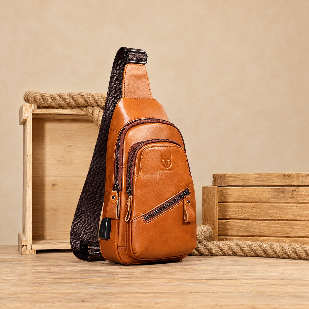 Melun, sac de poitrine en cuir véritable, coloris marron