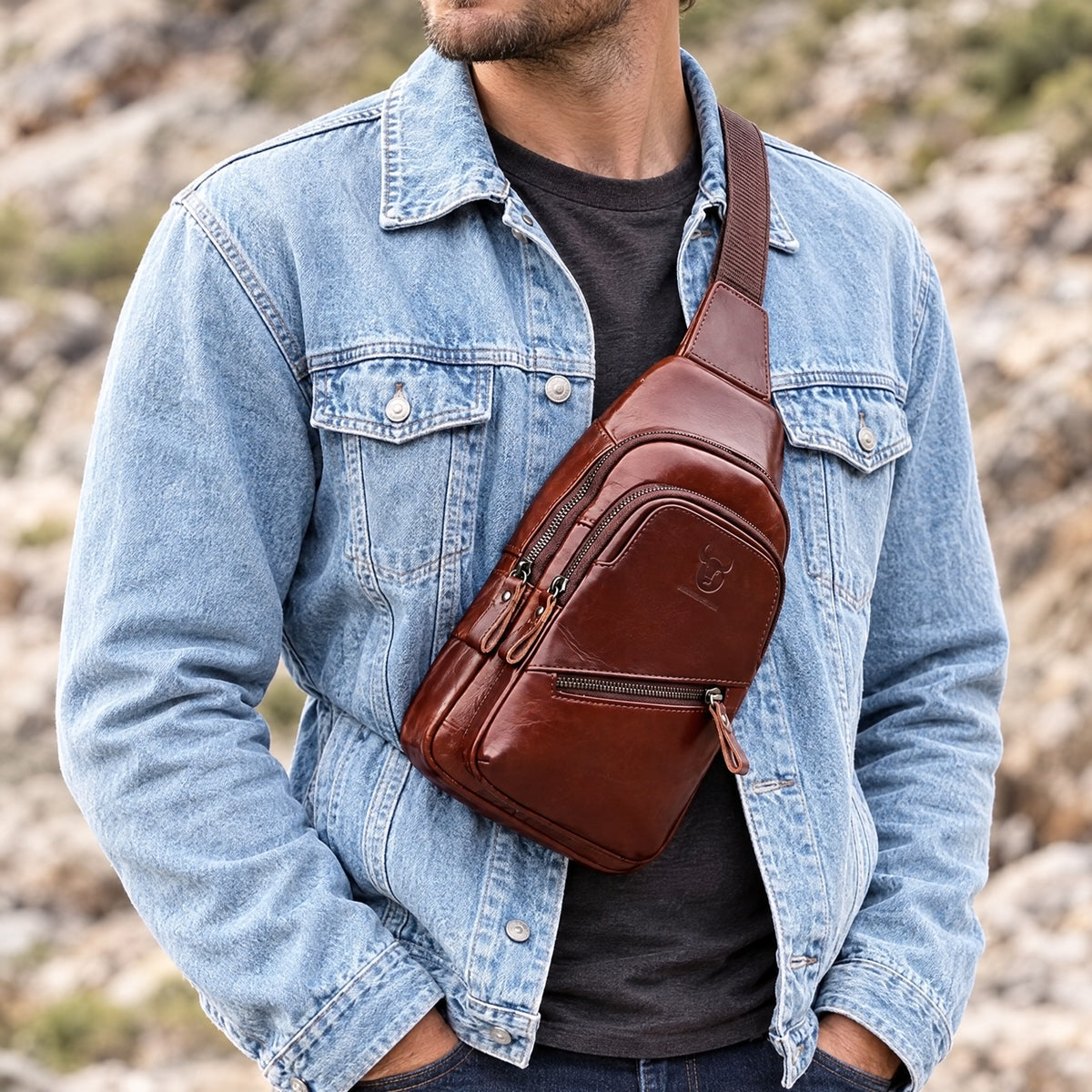 Melun, sac de poitrine en cuir véritable porté en bandoulière, coloris cognac