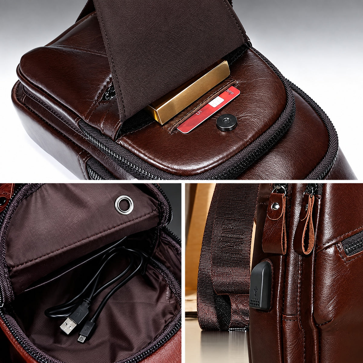 Melun, sac de poitrine en cuir véritable, emplacement carte, connecteur interne et port de charge